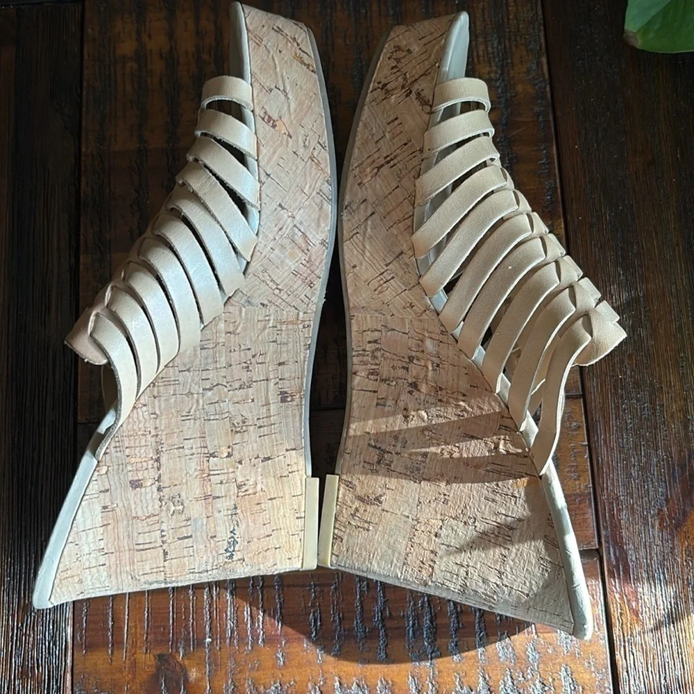 Franco Sarto Rosely Cork Wedge Platform woven leather Almond 8.5 M